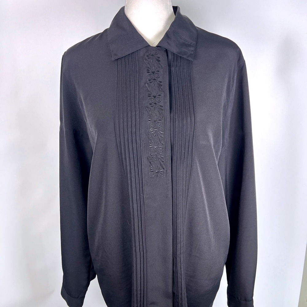 Laura Scott Black Embroidered Pintuck Button Down Blouse Size 10 Long Sleeve Vtg